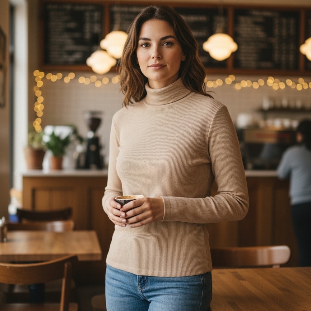 Oak + Fort Ribbed Turtleneck Long Sleeve Top in Tan Size Small
